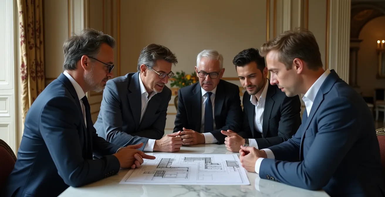 Réunion d'investisseurs internationaux dans un salon élégant