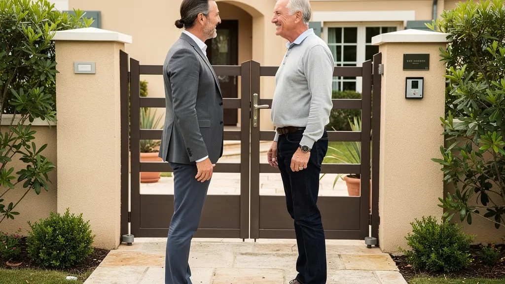 Agent immobilier et propriétaire discutant du timing estimation devant maison