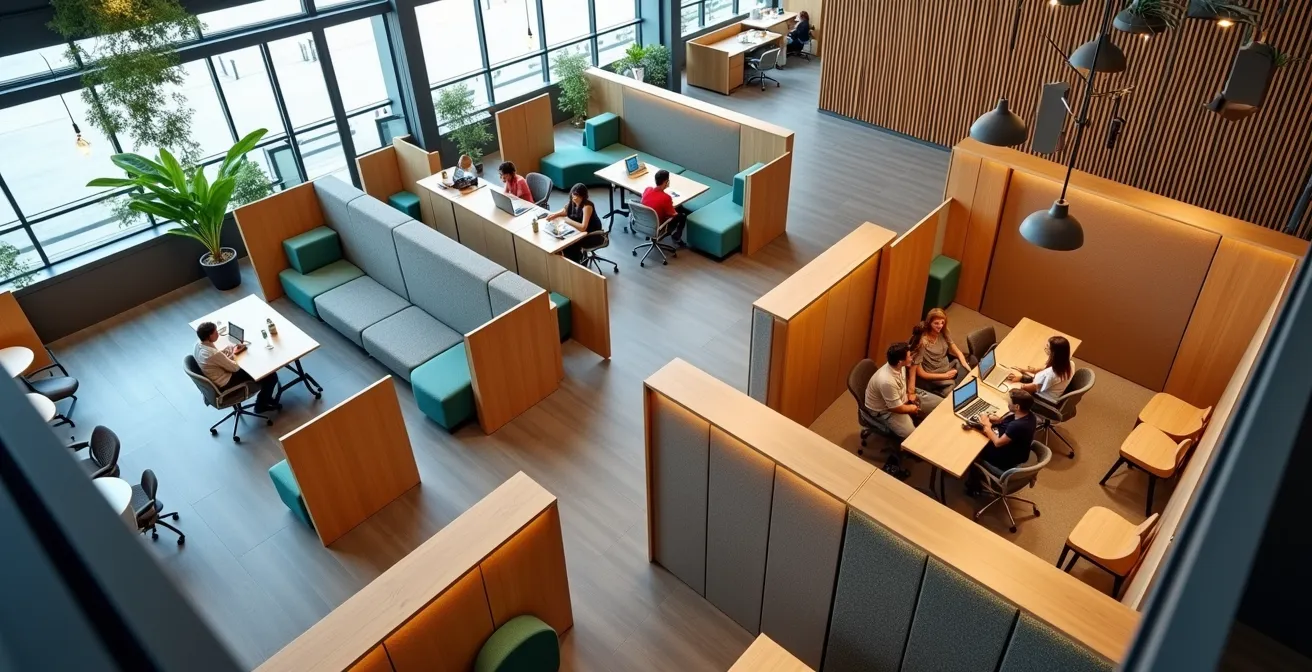 Espace de travail modulaire avec zones dédiées à différentes activités : collaboration, concentration, détente