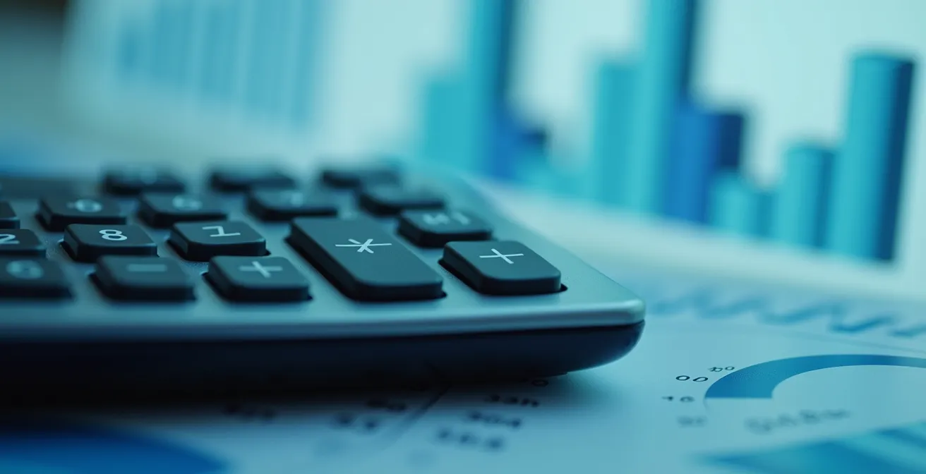 Vue macro d'une calculatrice et de graphiques financiers sur un bureau