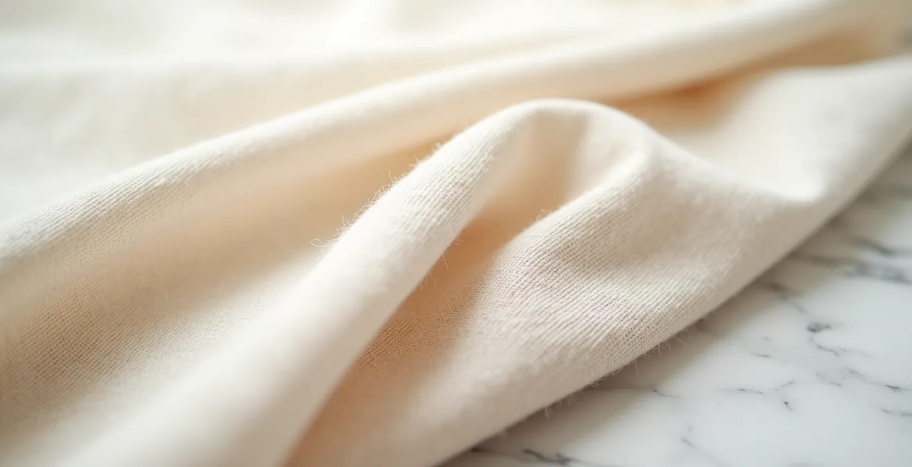Détail macro de tissus de lin de luxe avec texture visible, symbolisant l'importance des détails de qualité.