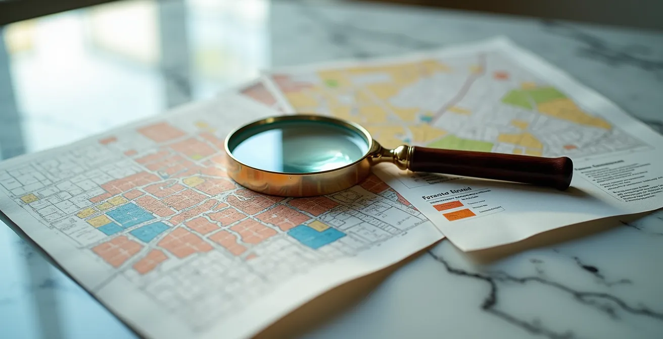 Vue macro de documents d'urbanisme et cartes avec loupe analysant des zones urbaines