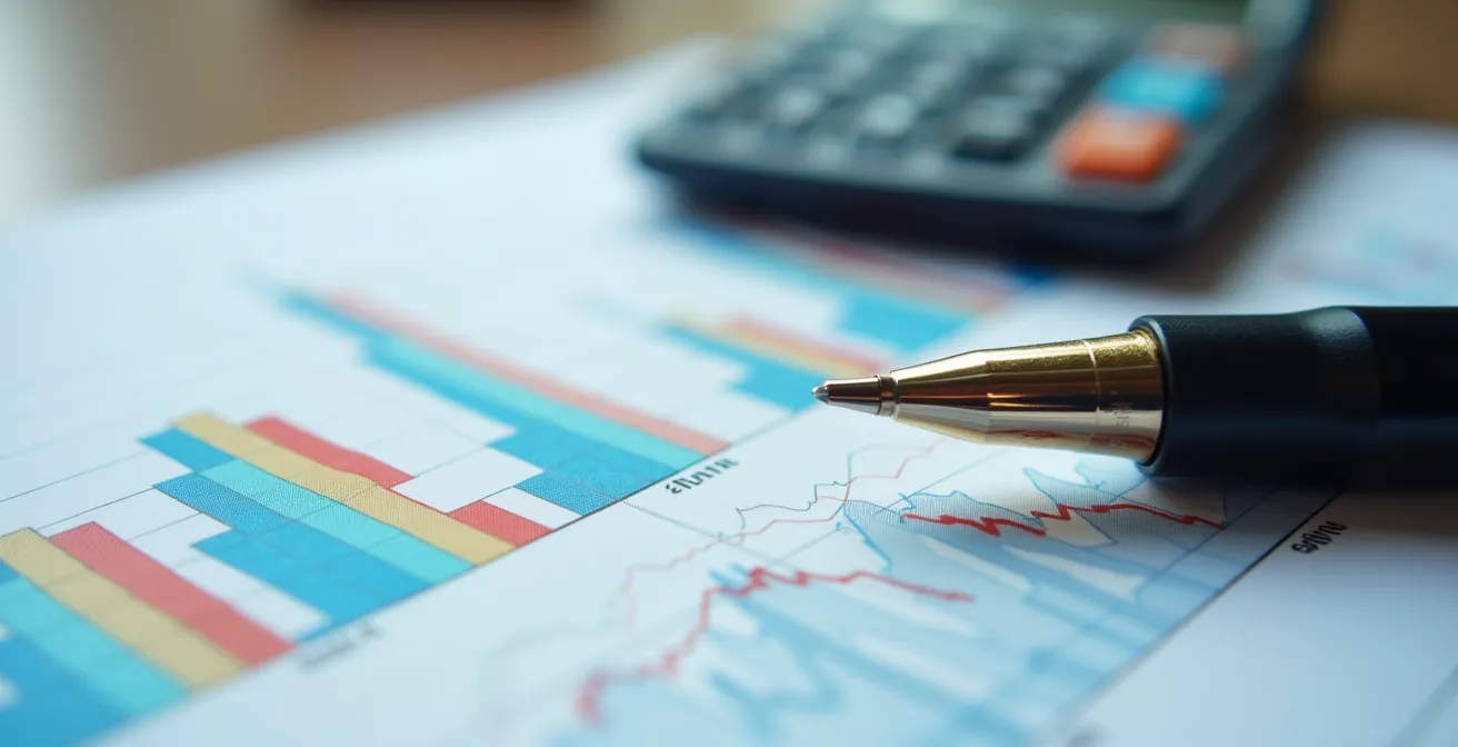 Vue macro de documents financiers et graphiques d'analyse patrimoniale sur un bureau