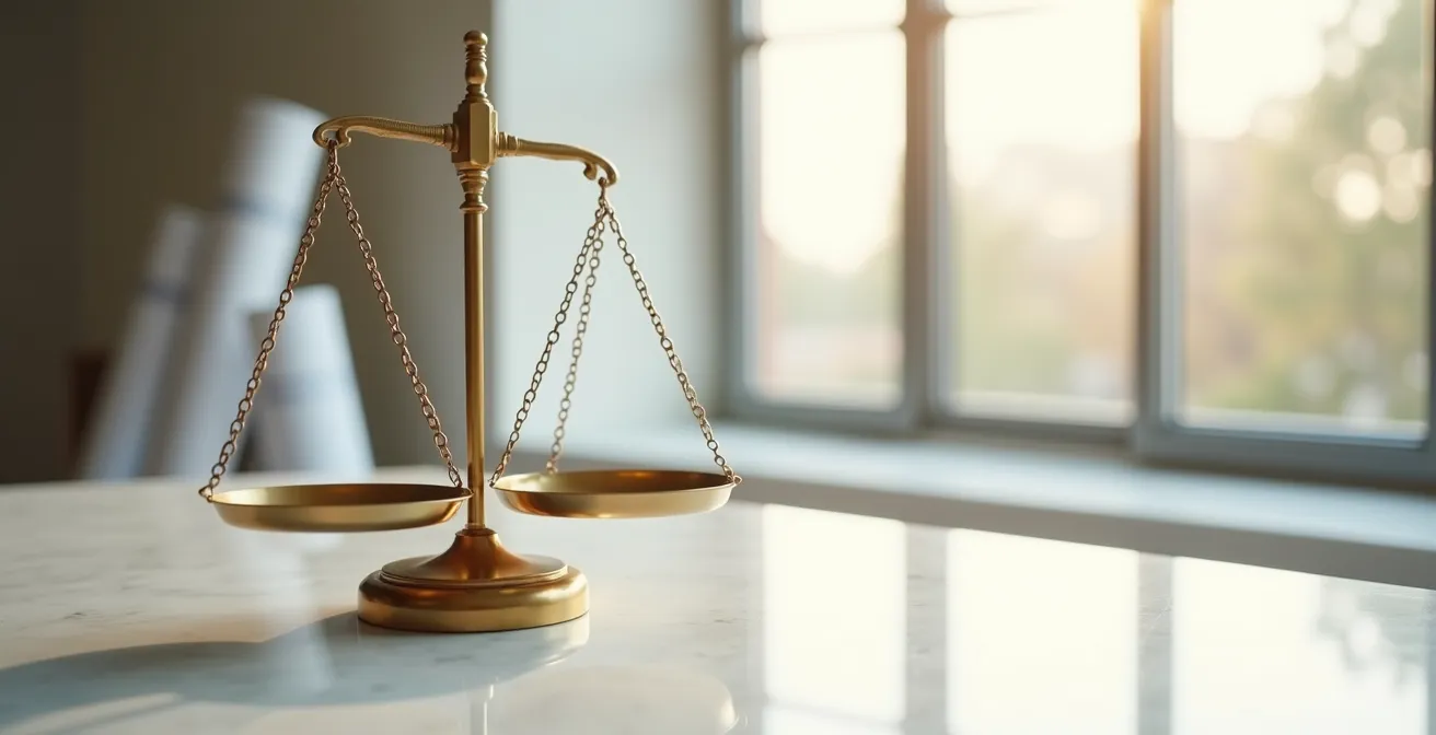 Balance de justice symbolique avec documents de négociation immobilière en arrière-plan flou