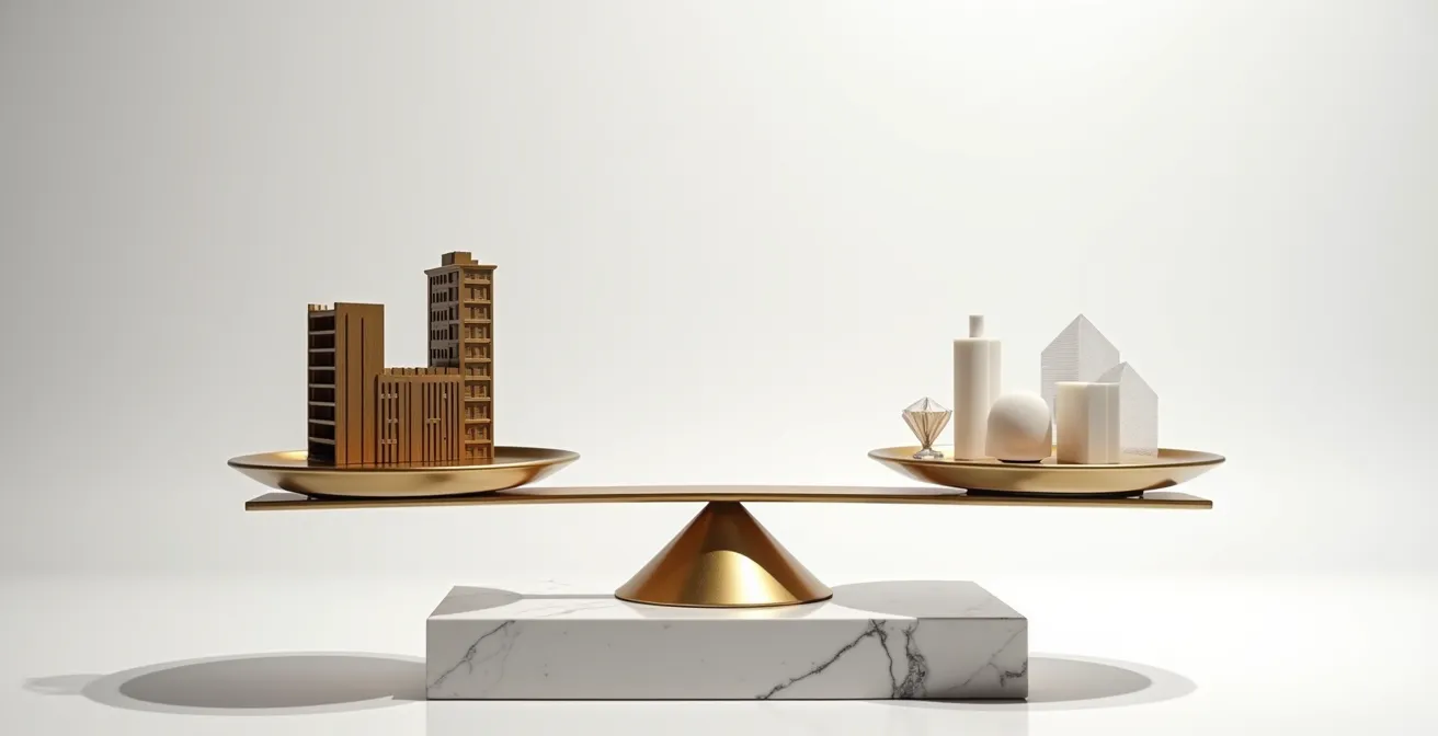 Balance symbolique avec un immeuble d'un côté et des éléments d'innovation technologique de l'autre