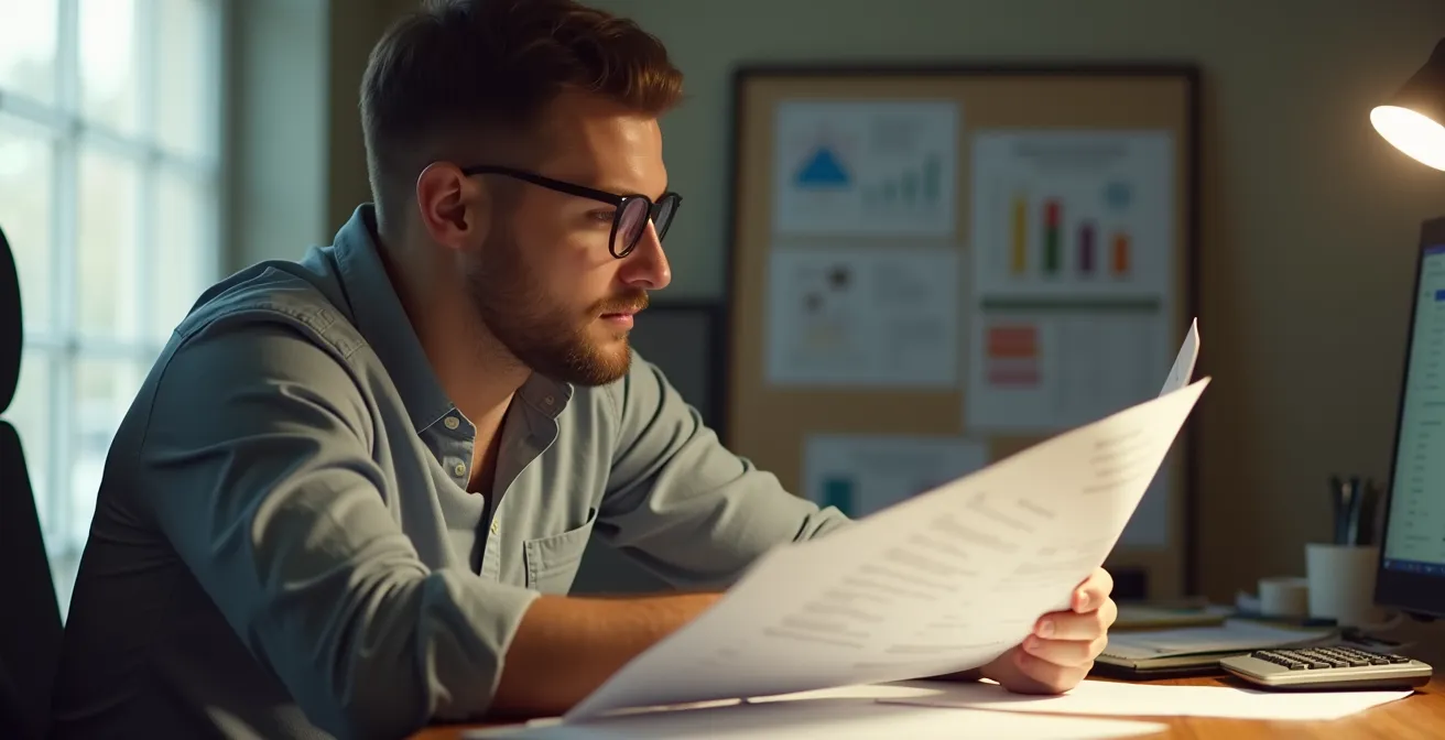 Propriétaire analysant des documents fiscaux dans un bureau moderne et lumineux