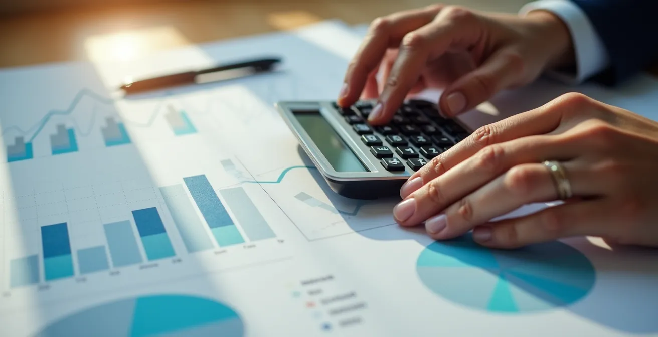 Vue aérienne d'un espace de travail avec calculatrice et graphiques abstraits