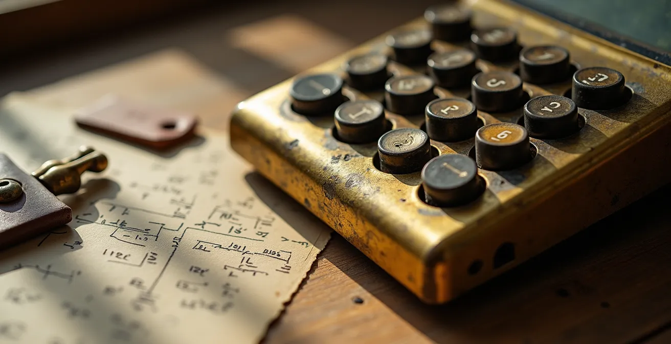 Calculatrice vintage et documents financiers sur bureau en bois avec clés de chambres
