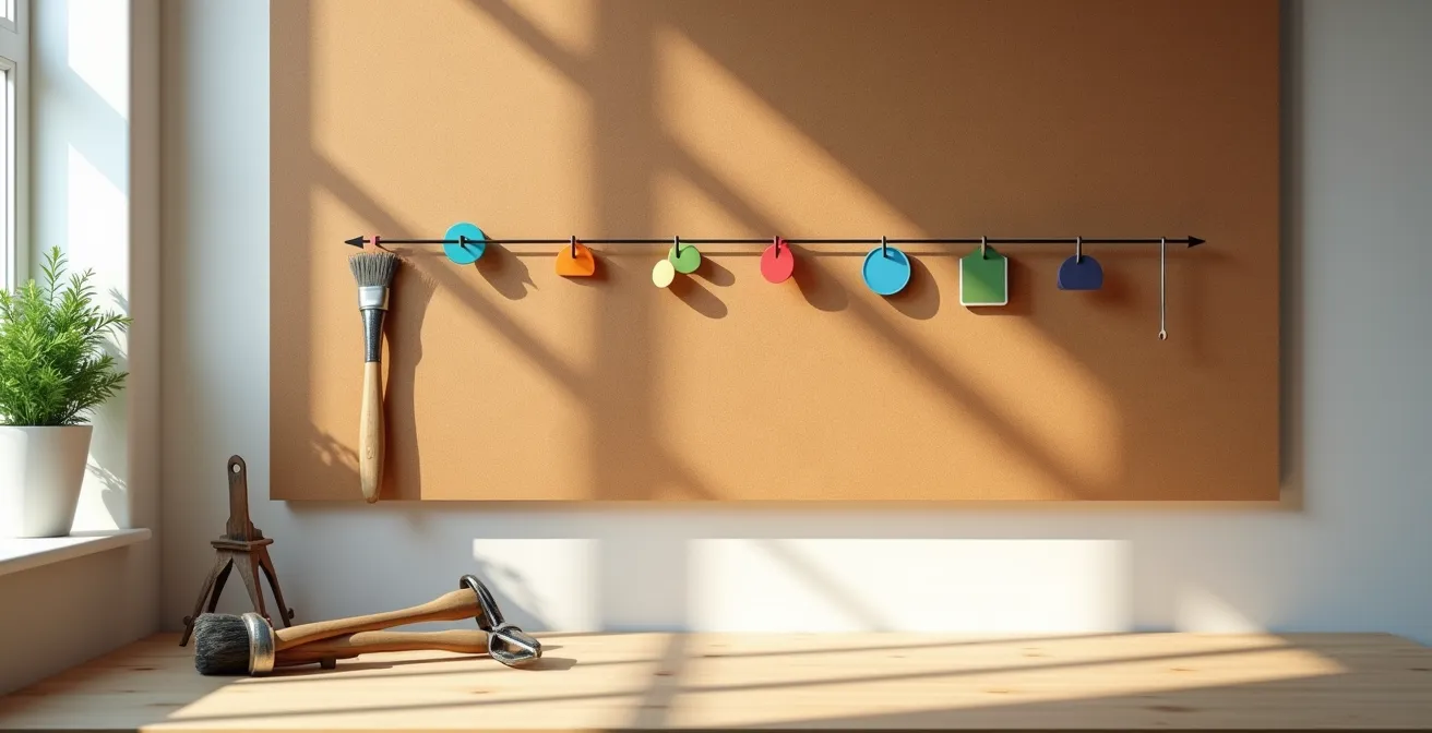 Calendrier de maintenance préventive avec outils de rénovation disposés chronologiquement