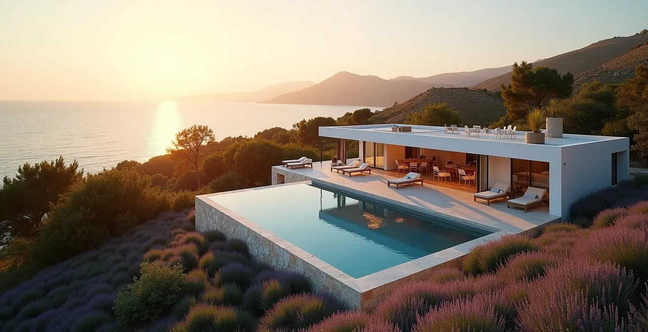 Vue aérienne minimaliste d'une villa avec piscine dans un environnement méditerranéen, symbolisant la planification stratégique.