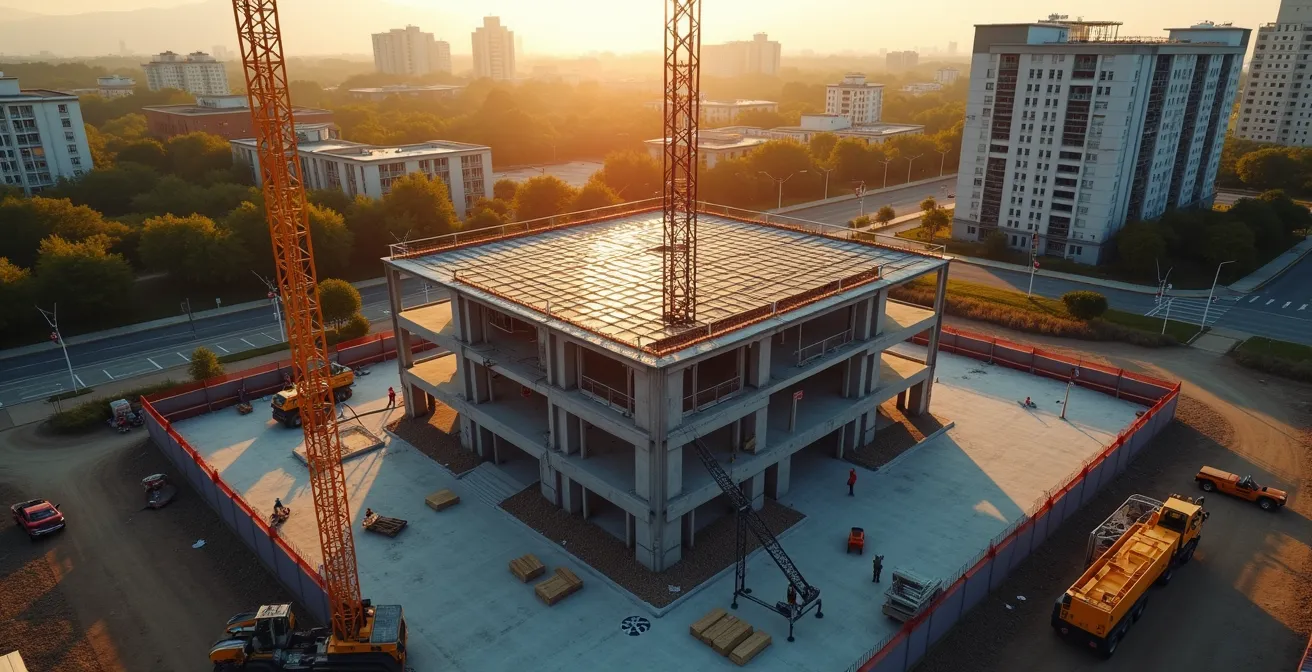 Vue aérienne d'un chantier de construction en cours montrant l'avancement des travaux