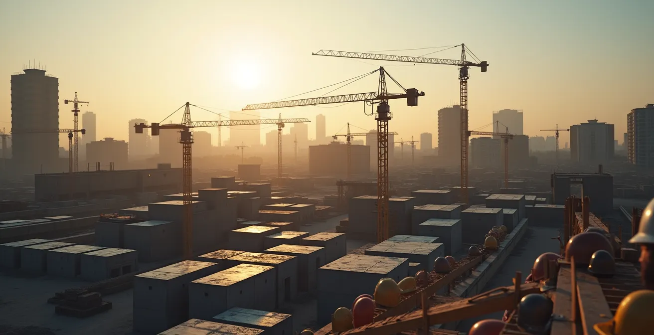 Chantier de construction immobilier à l'arrêt avec grues immobiles et matériaux empilés
