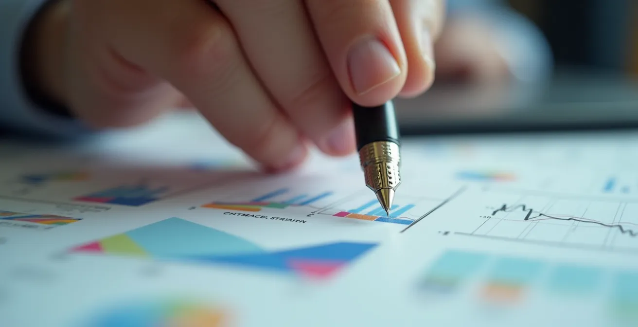 Gros plan sur une main tenant un stylo au-dessus de documents avec motifs géométriques