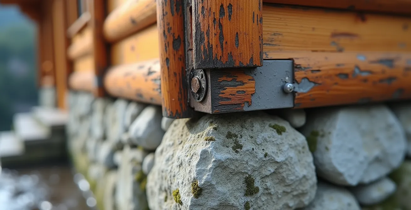 Détail architectural montrant la jonction entre bardage bois et soubassement pierre sur un chalet
