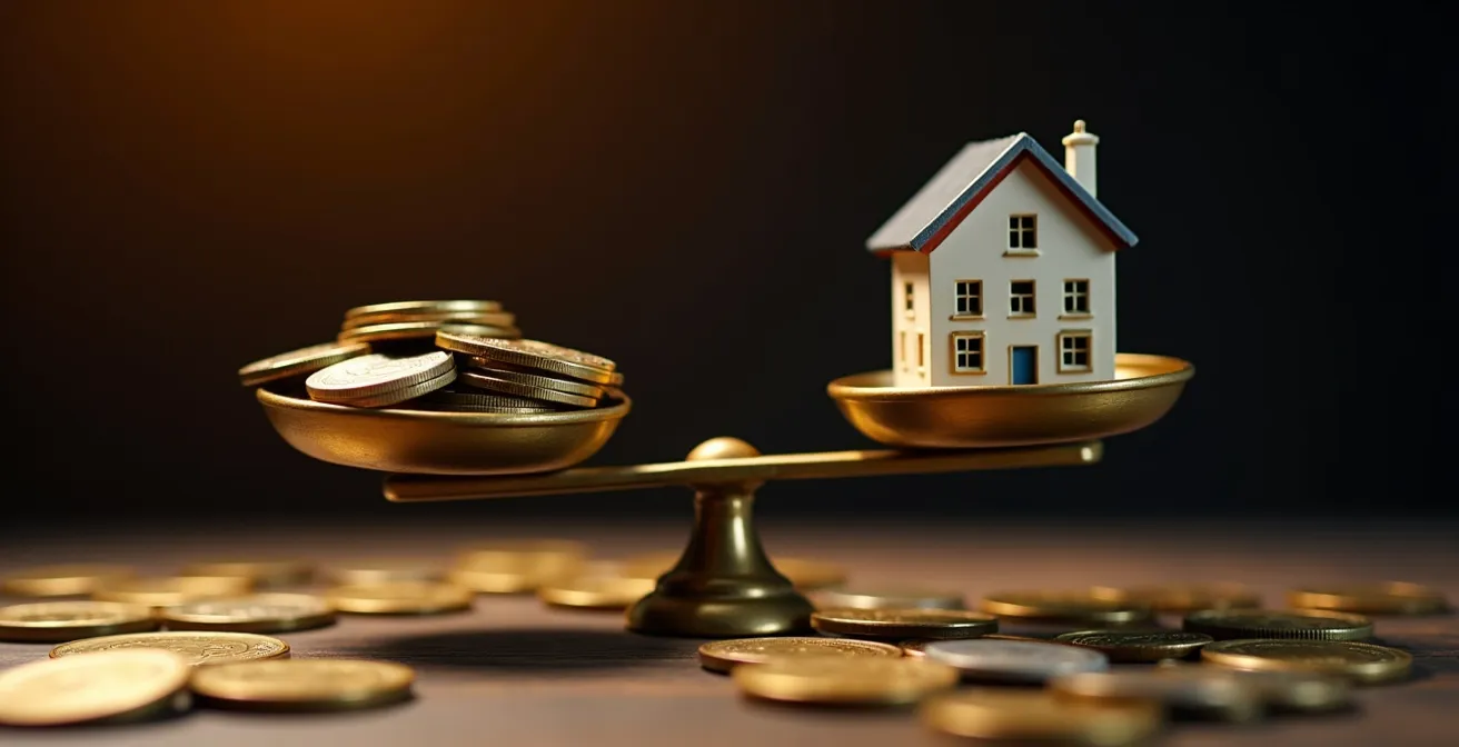 Composition abstraite montrant des pièces et une maquette architecturale sur une balance équilibrée