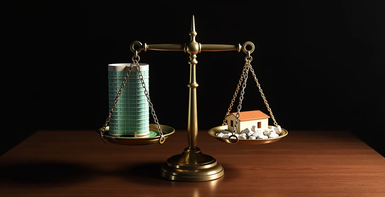 Balance symbolique avec gratte-ciel américain d'un côté et villa portugaise de l'autre