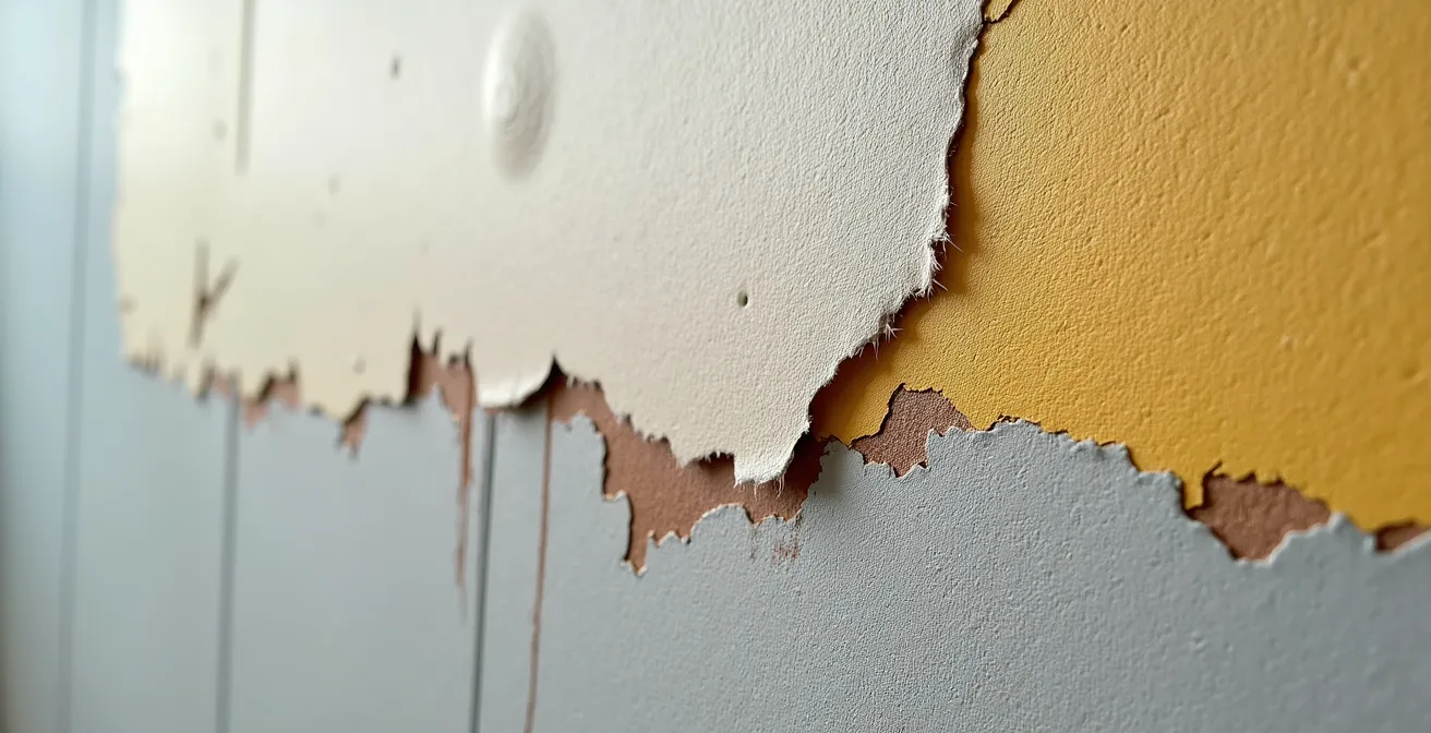 Gros plan sur un mur fraîchement peint montrant des signes subtils d'humidité sous la peinture