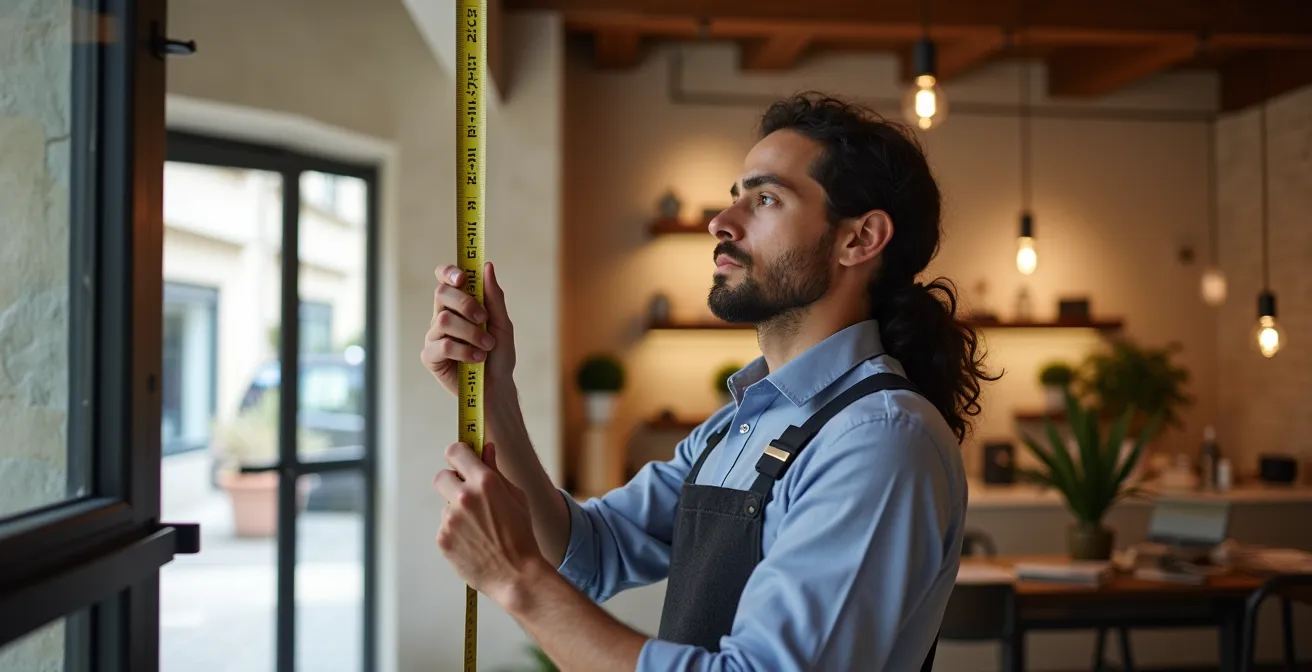 Architecte mesurant les largeurs de passage dans un local commercial pour évaluer la conformité PMR