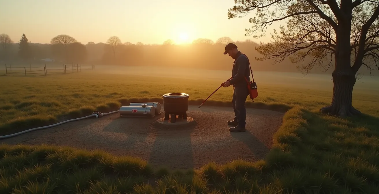 Vue aérienne d'un terrain avec système d'assainissement individuel et technicien effectuant un contrôle