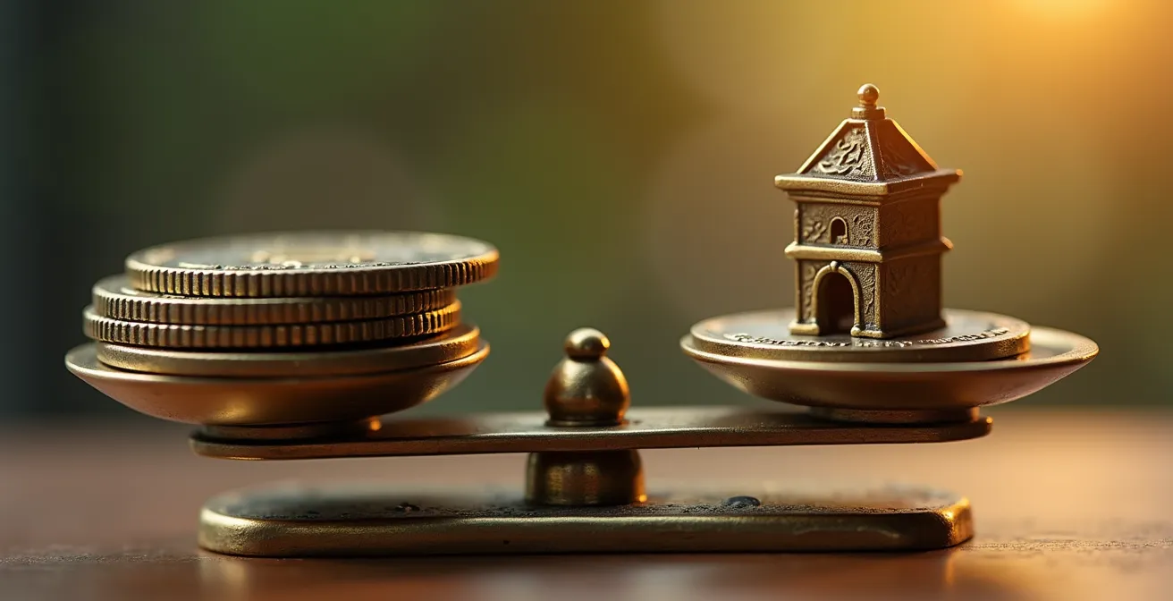 Balance dorée en équilibre avec pièces d'un côté et miniature de maison de l'autre