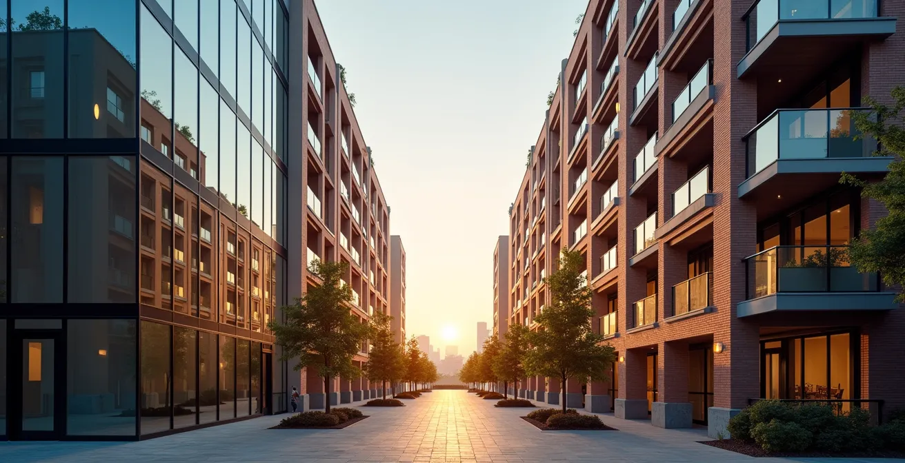 Vue aérienne d'un quartier mixte avec immeubles de bureaux et résidentiels en équilibre harmonieux