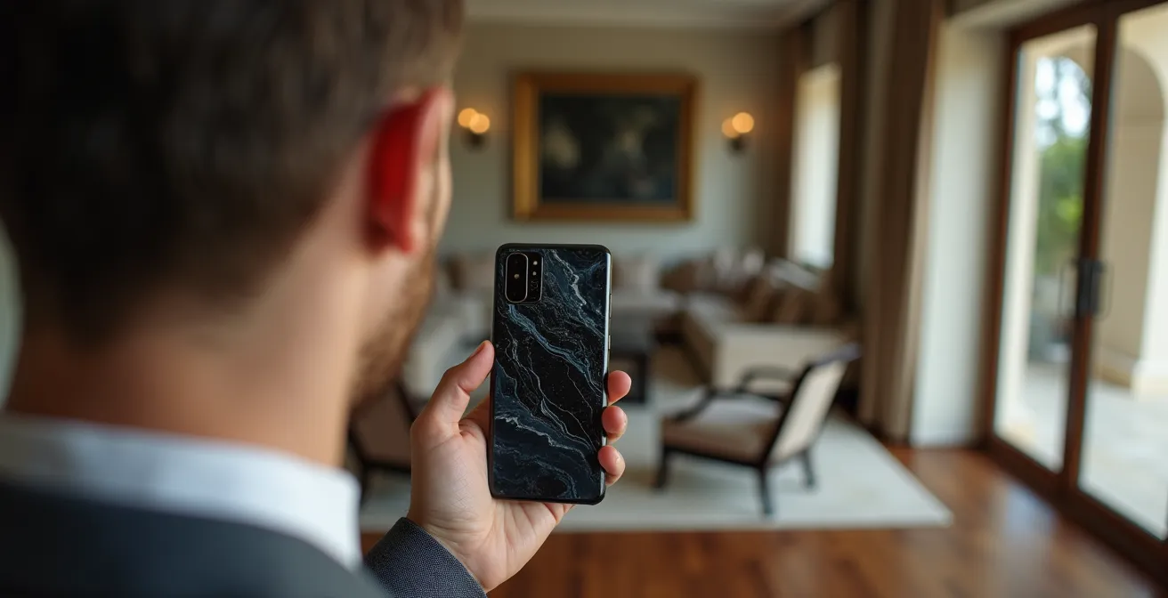 Personne filmant l'état des lieux d'une villa de luxe avec smartphone pour constituer des preuves.