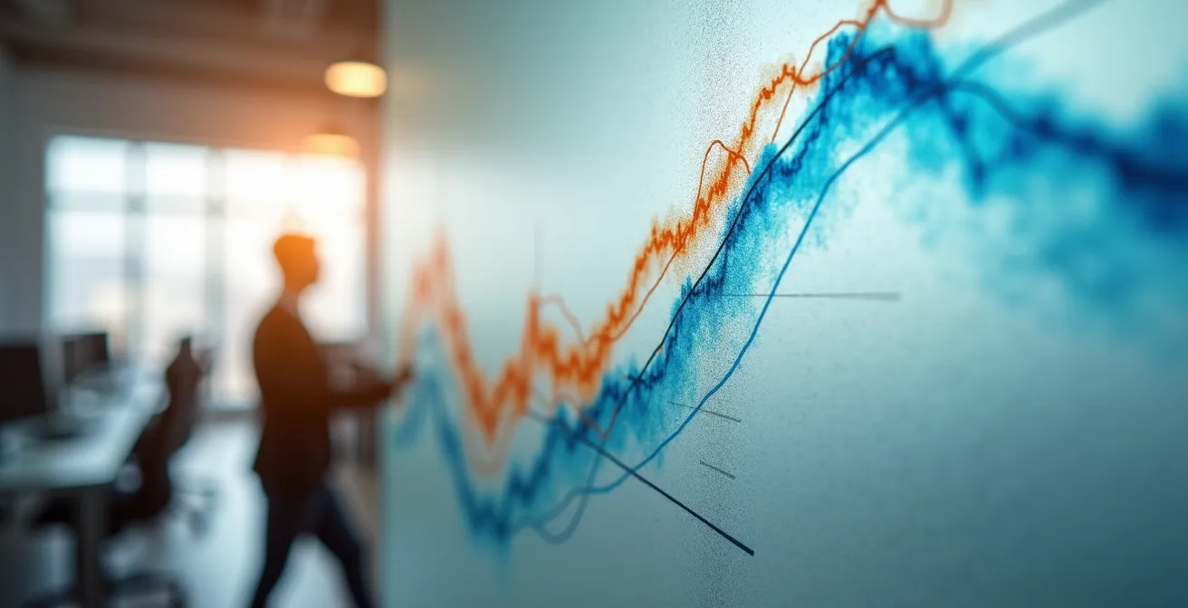 Courbes évolutives sur tableau en verre avec marqueurs effacés montrant des tendances ascendantes