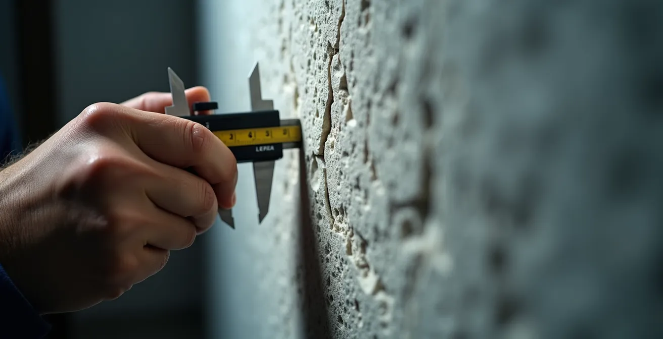 Expert en bâtiment analysant une fissure murale avec des outils de mesure professionnels