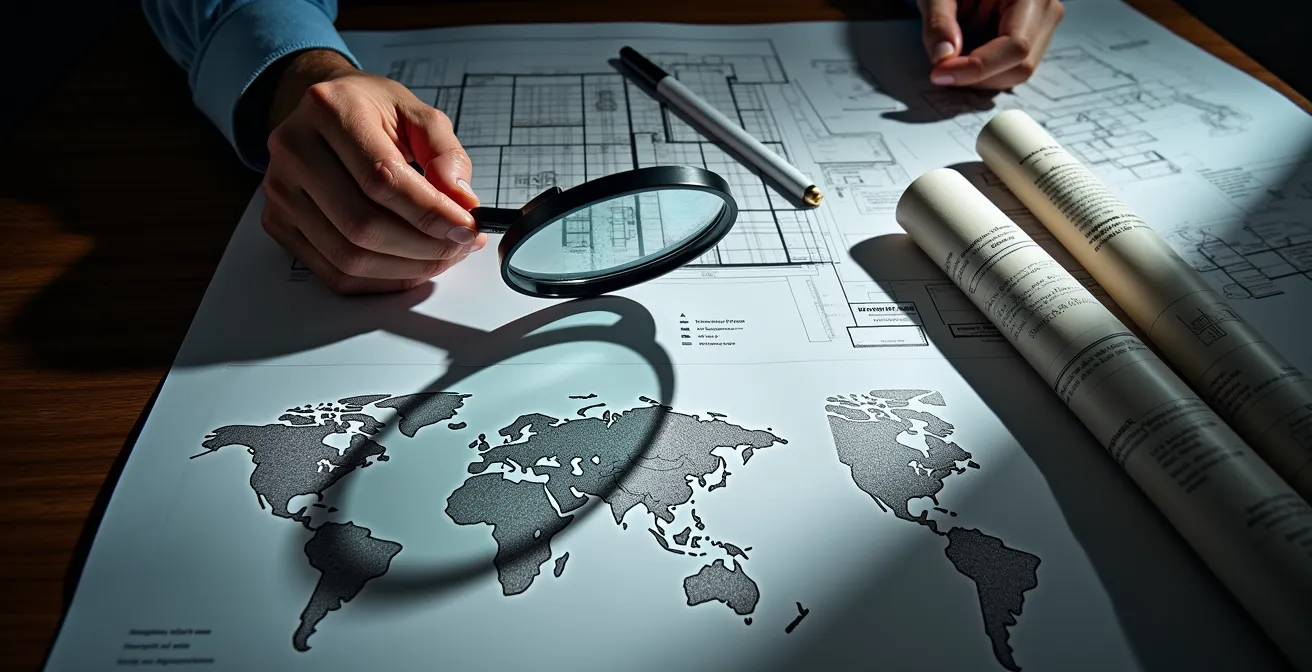 Expert immobilier examinant des documents de diagnostic avec une loupe sur une table de travail