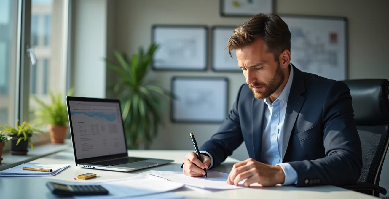 Expert immobilier rédigeant un rapport d'expertise officiel dans son bureau