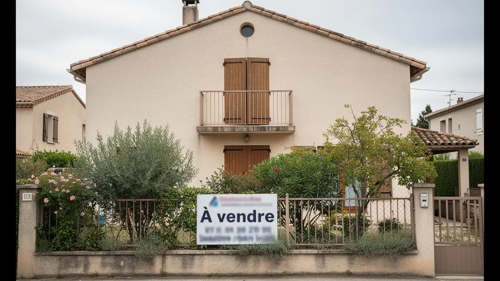 Maison avec panneau à vendre dans quartier résidentiel style méditerranéen