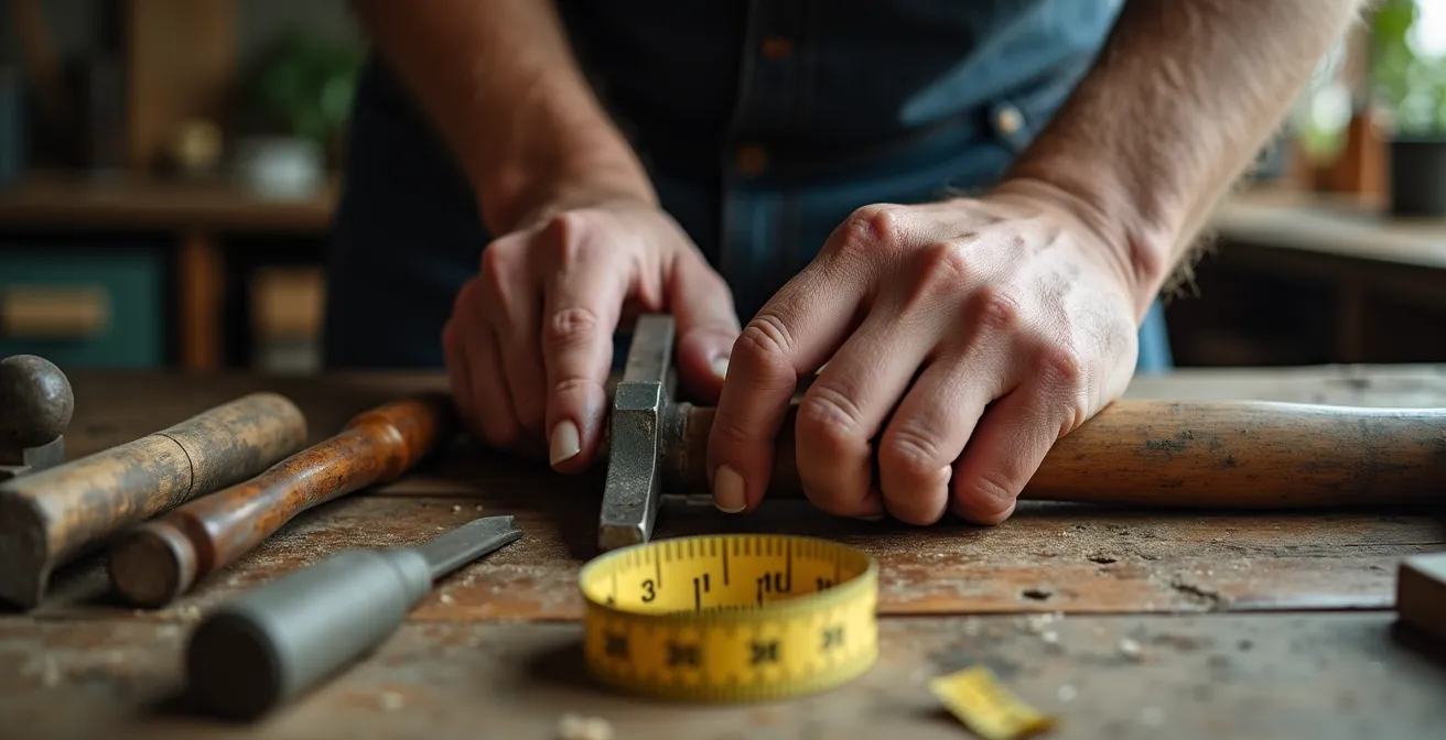 Mains organisant des outils de chantier anciens sur établi en bois avec éclairage naturel