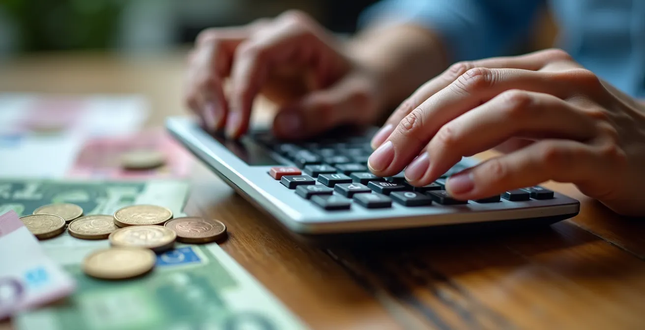 Gros plan sur des mains tenant une calculatrice avec des pièces et billets flous en arrière-plan