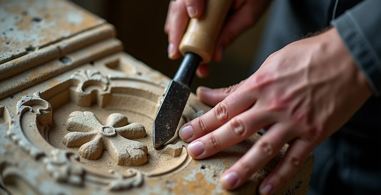 Détail architectural d'un château français avec artisan travaillant