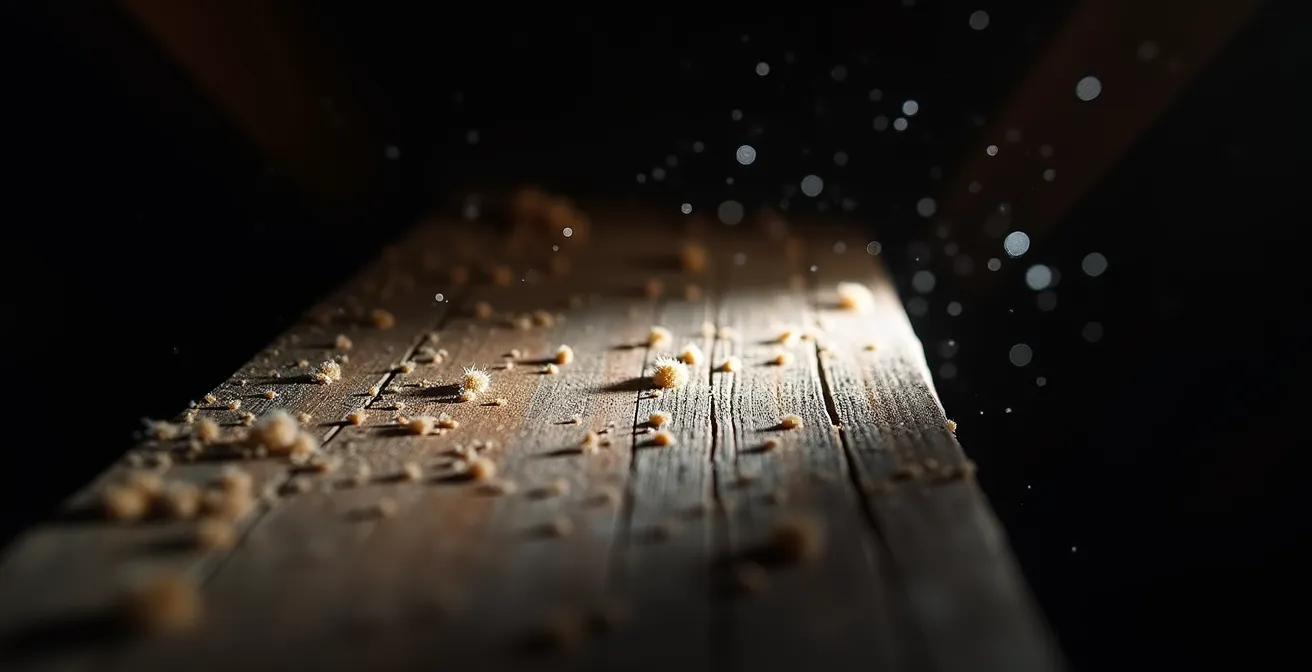 Inspection détaillée de combles anciens avec faisceau lumineux révélant la structure de la charpente