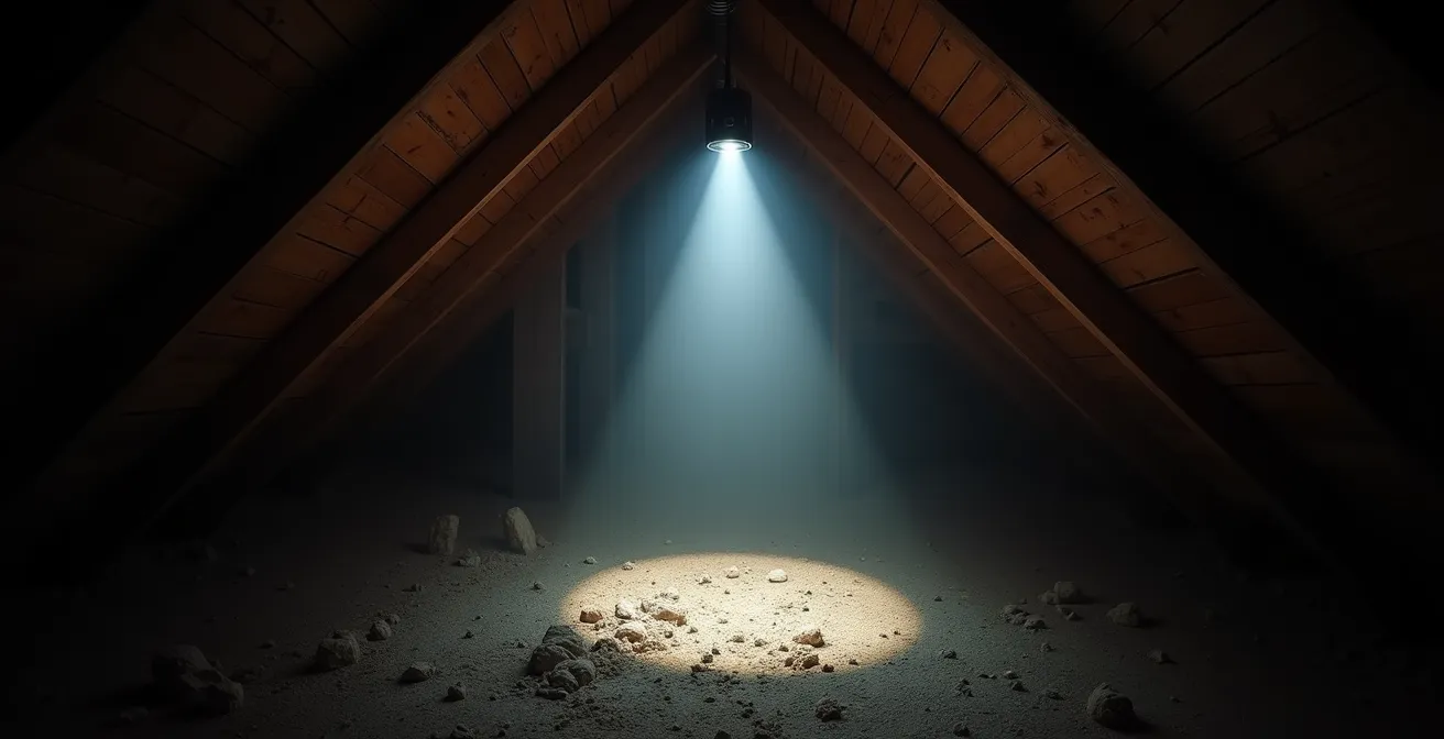 Grenier sombre avec poutres en bois et lampe torche éclairant les recoins