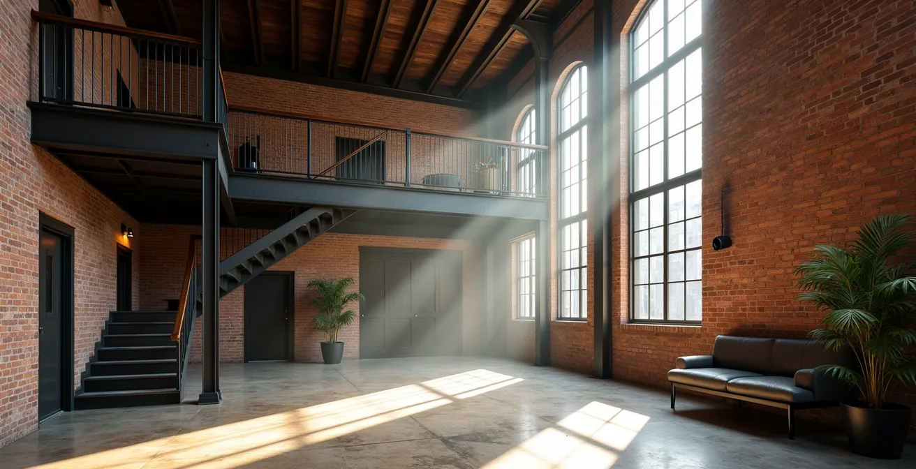 Intérieur de loft avec volumes industriels et hauteur sous plafond spectaculaire