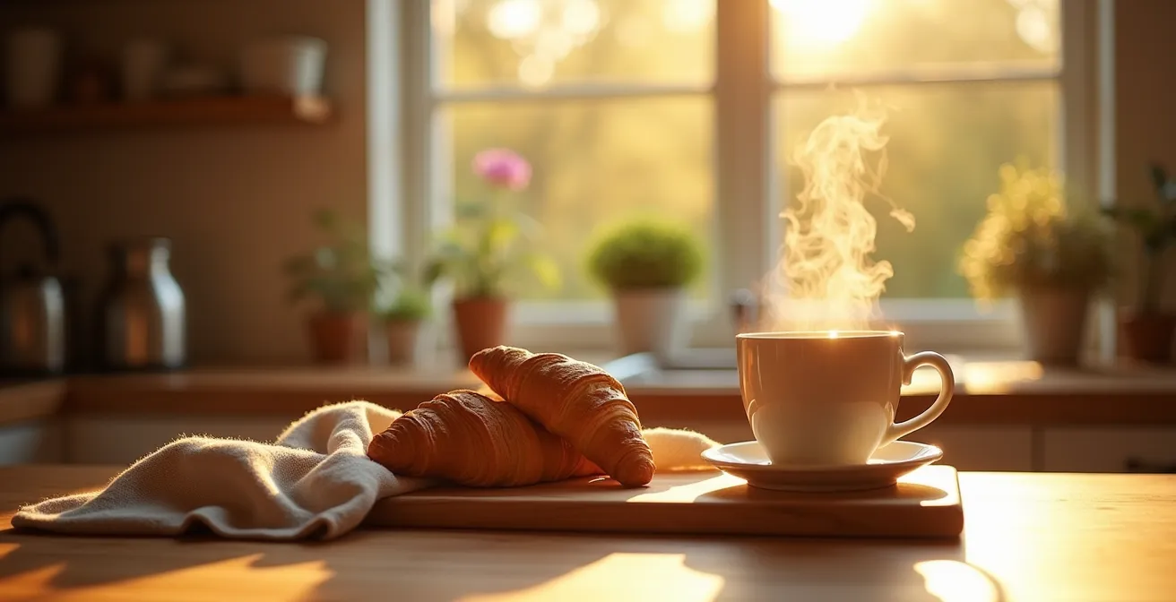 Cuisine baignée de lumière matinale avec vue sur jardin, évoquant les petits-déjeuners paisibles