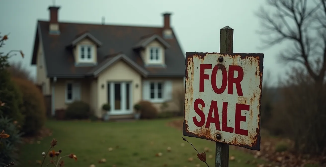 Maison avec panneau à vendre ancien montrant l'usure du temps
