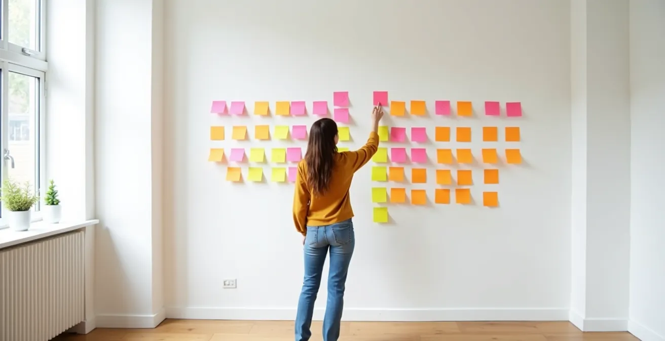 Personne organisant des post-its colorés sur un mur pour classer ses critères immobiliers