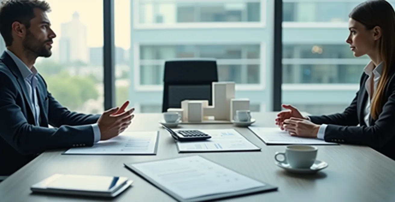 Scène de négociation immobilière avec documents financiers et calculatrice sur table de réunion