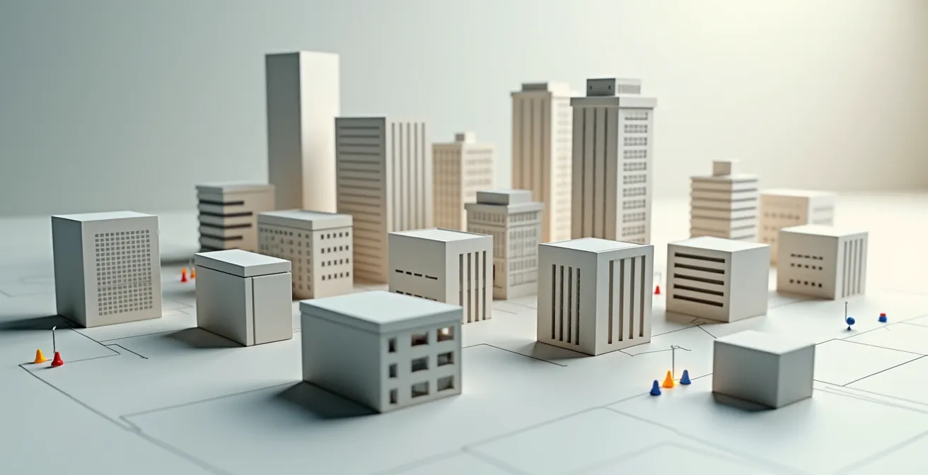 Vue aérienne de différents types de projets immobiliers répartis géographiquement