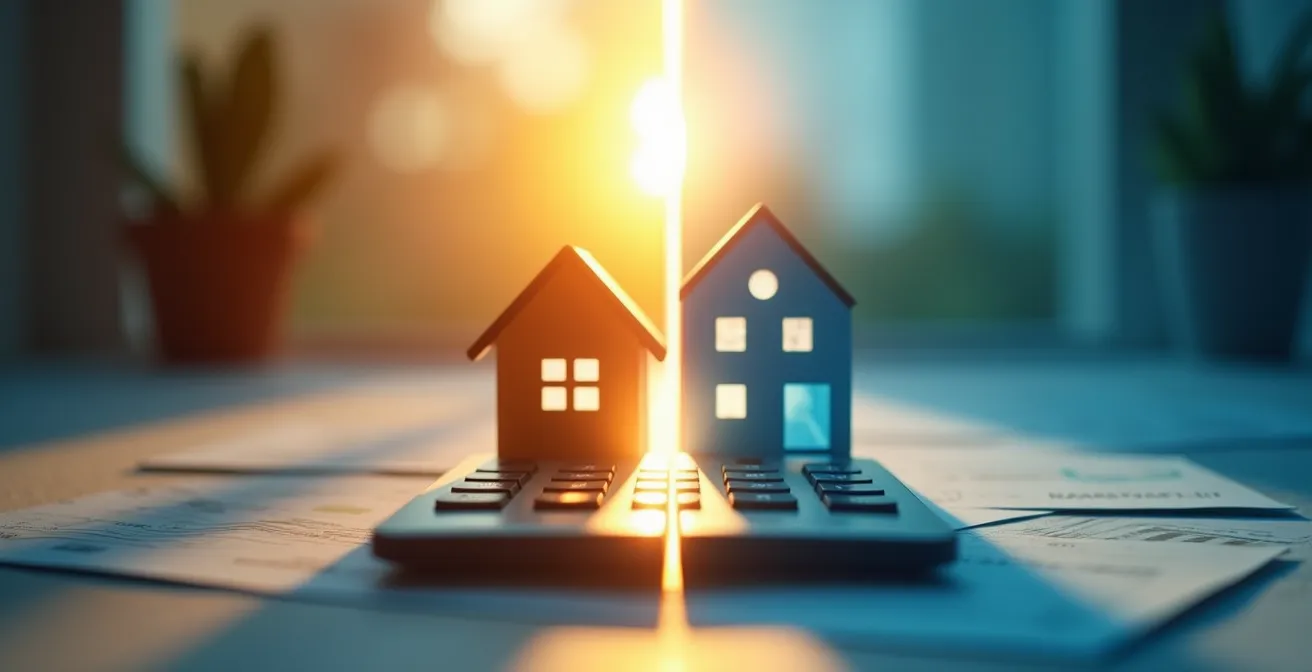 Composition symbolique montrant une maison rêvée floue à côté de documents financiers nets