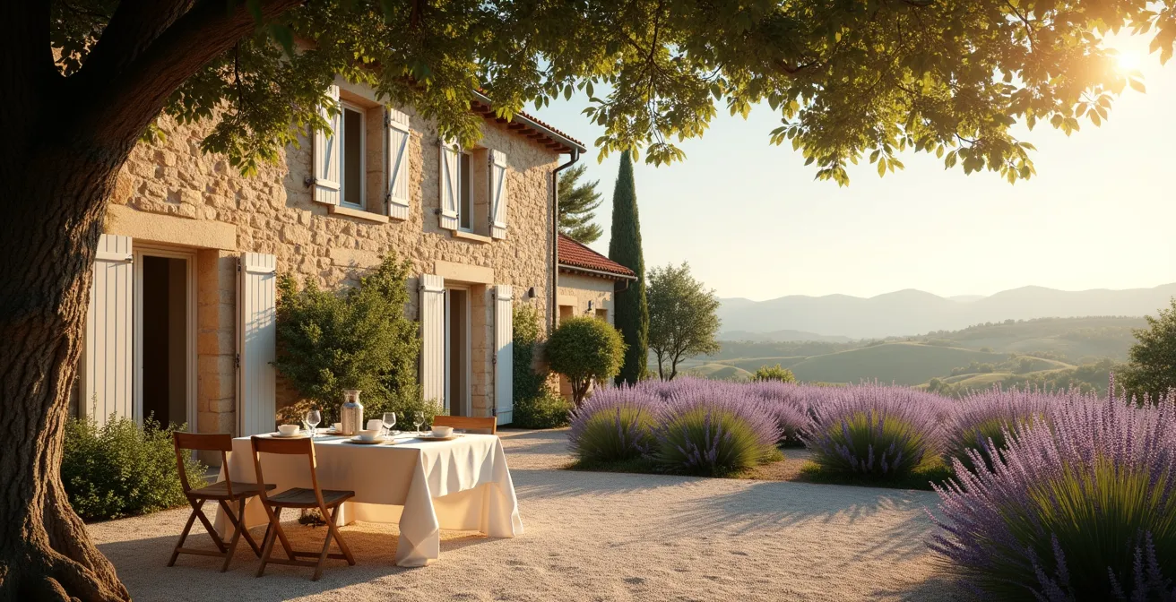 Vue large d'une bastide provençale avec terrasse ombragée préparée pour le petit-déjeuner