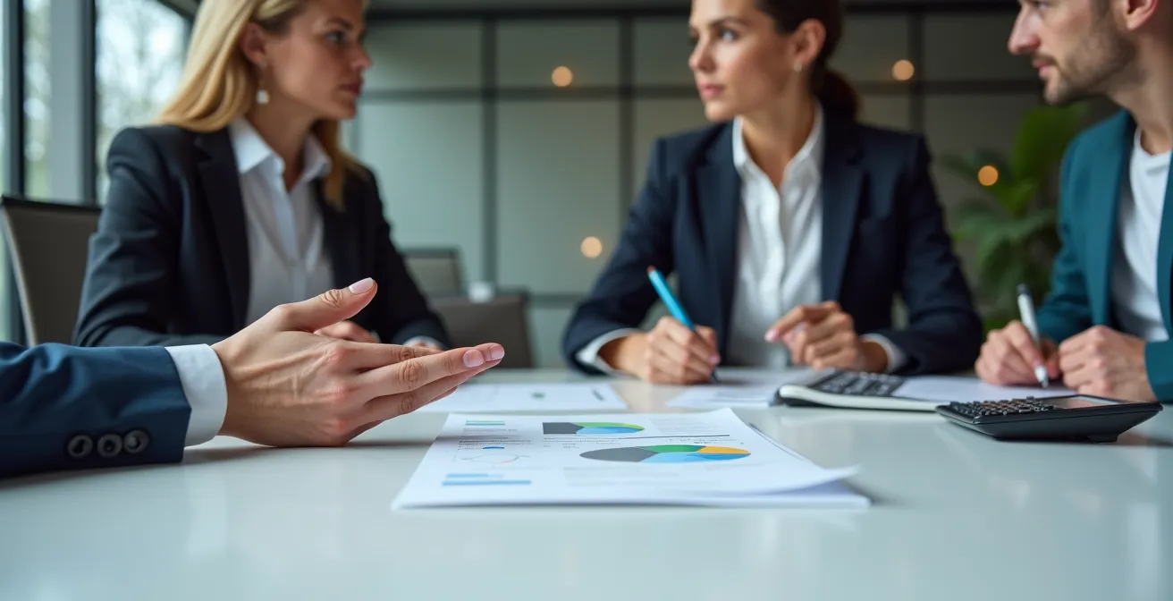 Négociation entre propriétaire et locataire commercial autour d'une table avec calculatrice