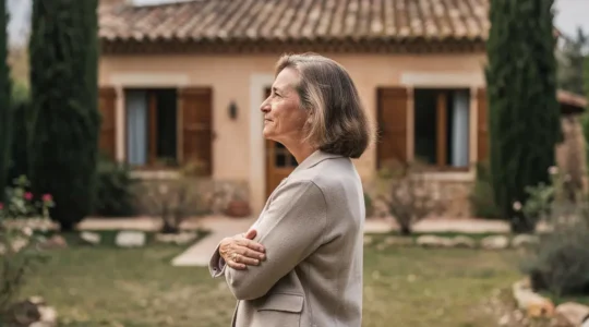 Propriétaire observant sa maison depuis le jardin avant estimation immobilière