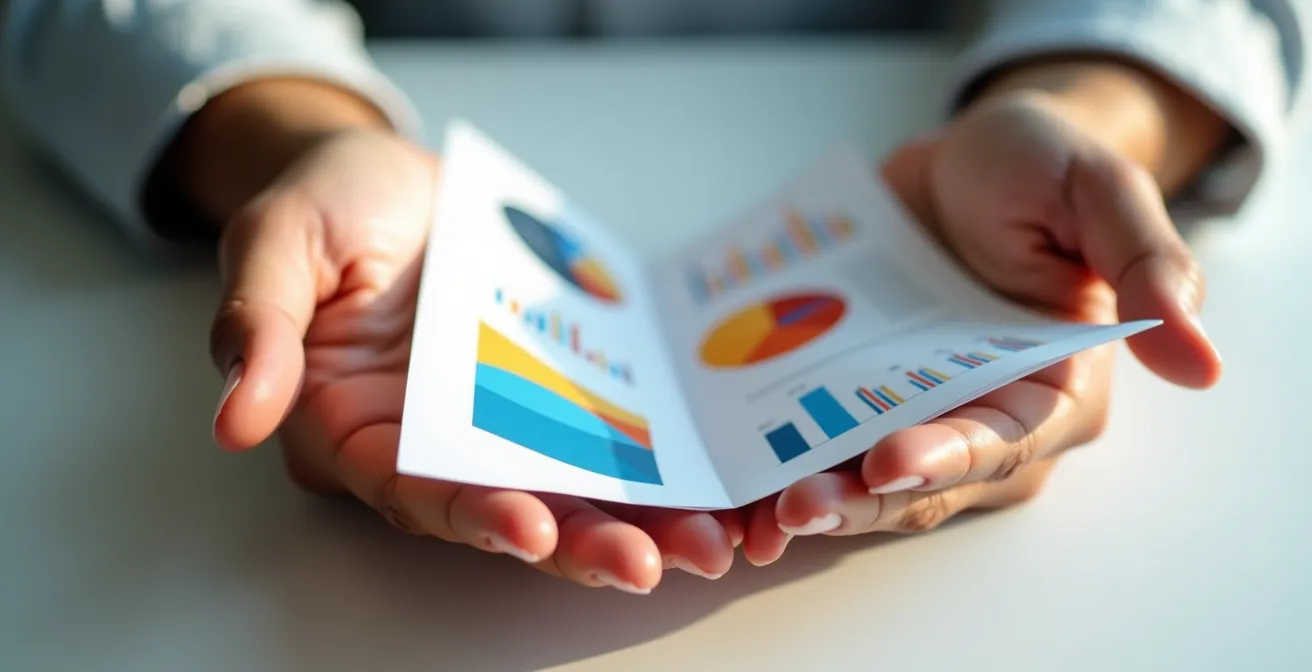 Mains entrelacées tenant un document avec des graphiques colorés abstraits