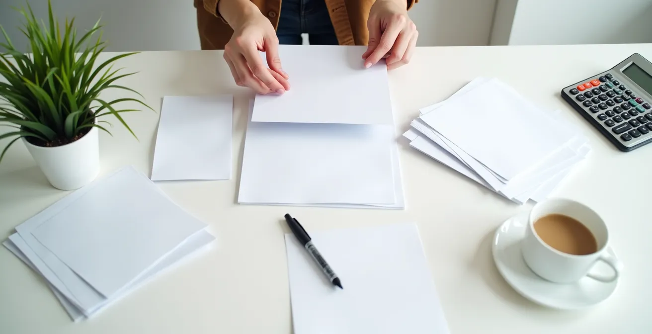 Personne organisant méticuleusement des documents financiers sur un bureau épuré