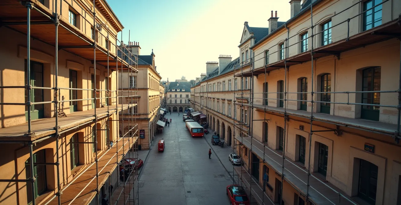 Vue aérienne d'un centre-ville français en cours de rénovation avec échafaudages sur bâtiments historiques