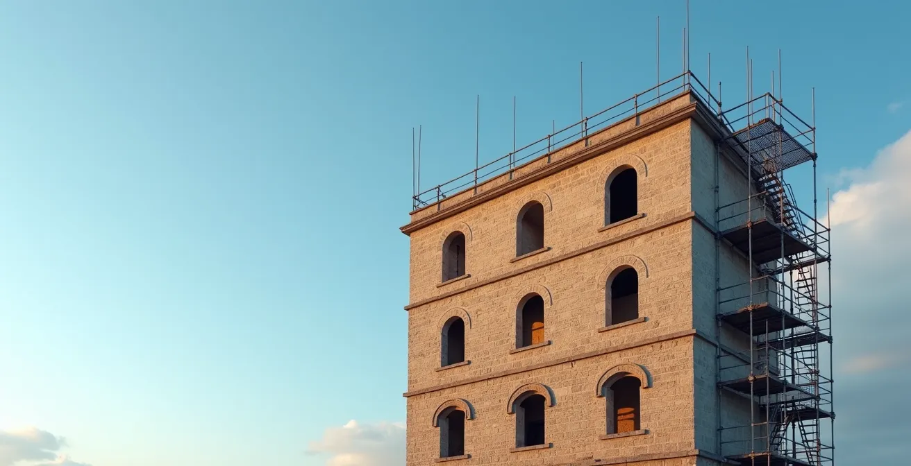 Vue large d'un bâtiment ancien en pierre avec échafaudages, ciel bleu et espace négatif